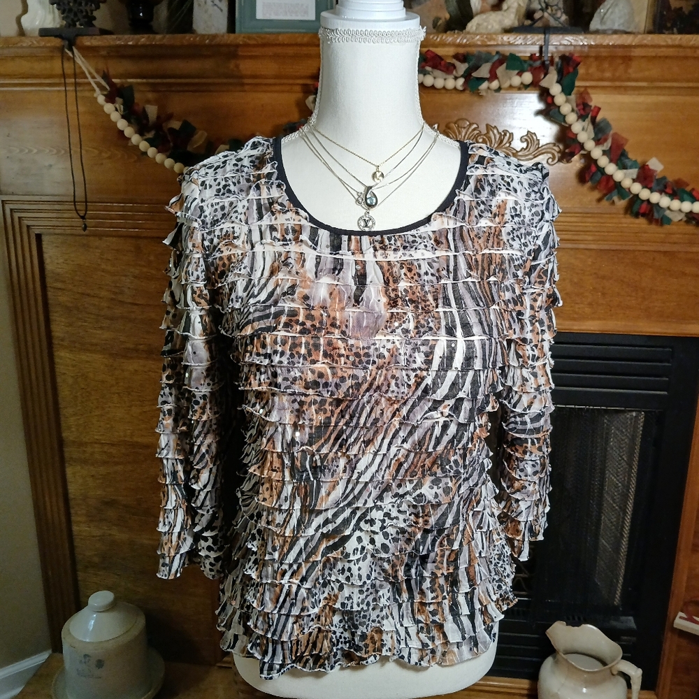 Kim Roger's Animal Print Pattern Ruffled With Silver Sequins